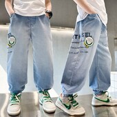 Suvised õhukesed vabaaja teksad poiste lahtised hingavad trükitud kirjaga teksariidest püksid Korea stiilis moodsad allääred 6-15 a