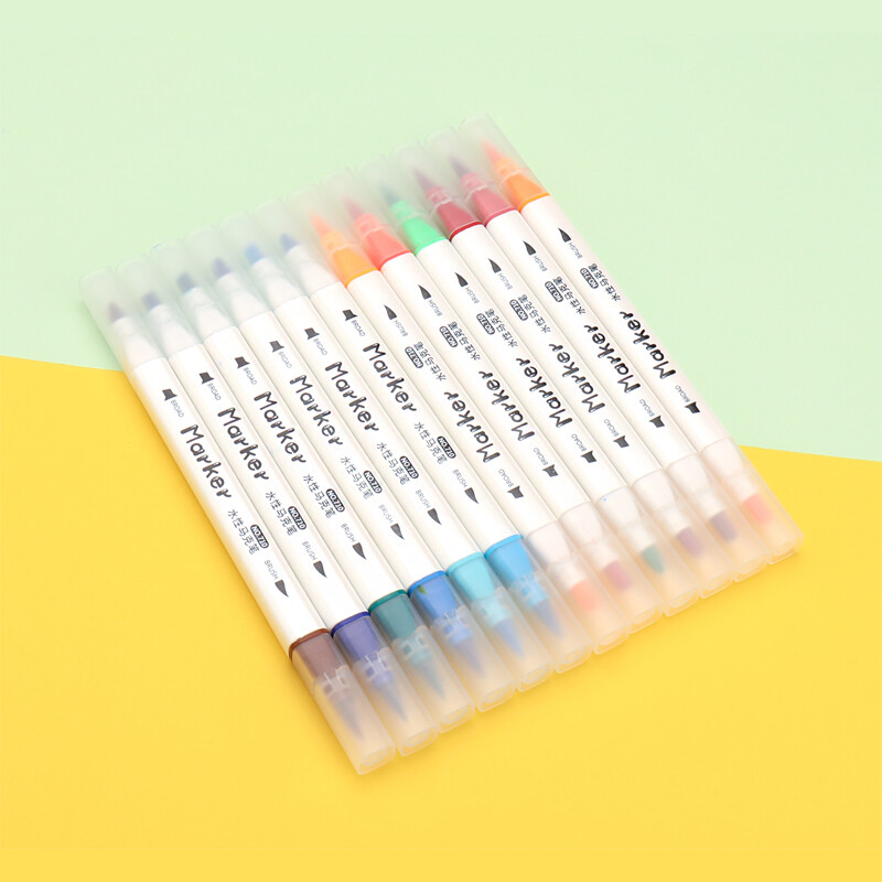 24PCS цветни маркери на водна основа Миещ се комплект Ученическа двойна глава Мека цветна глава Художествени принадлежности Акварелна писалка