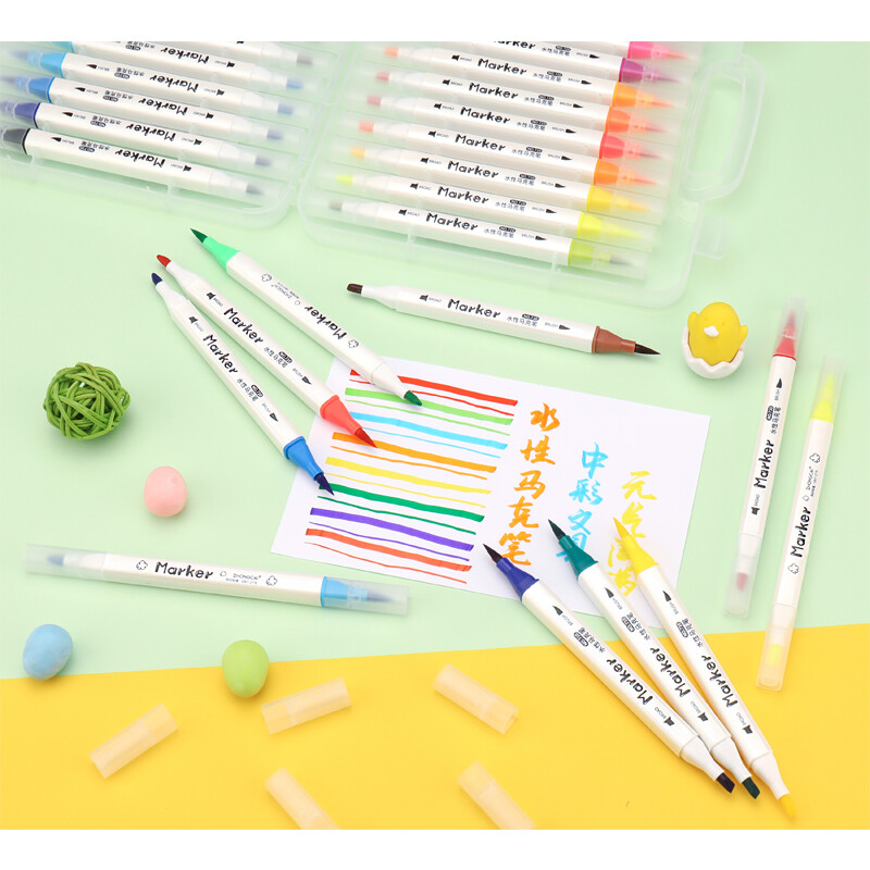 24PCS цветни маркери на водна основа Миещ се комплект Ученическа двойна глава Мека цветна глава Художествени принадлежности Акварелна писалка