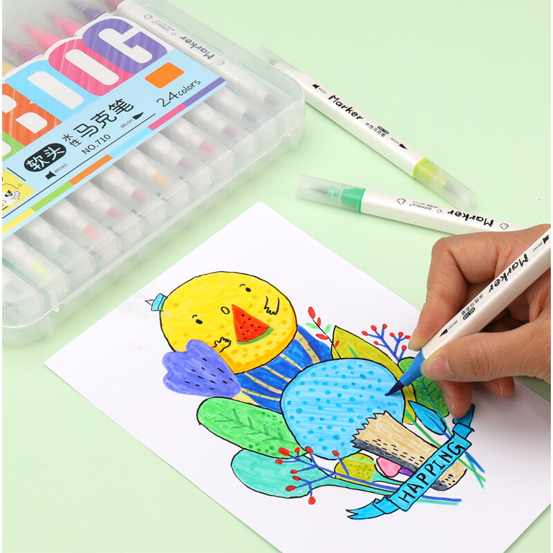 24PCS цветни маркери на водна основа Миещ се комплект Ученическа двойна глава Мека цветна глава Художествени принадлежности Акварелна писалка