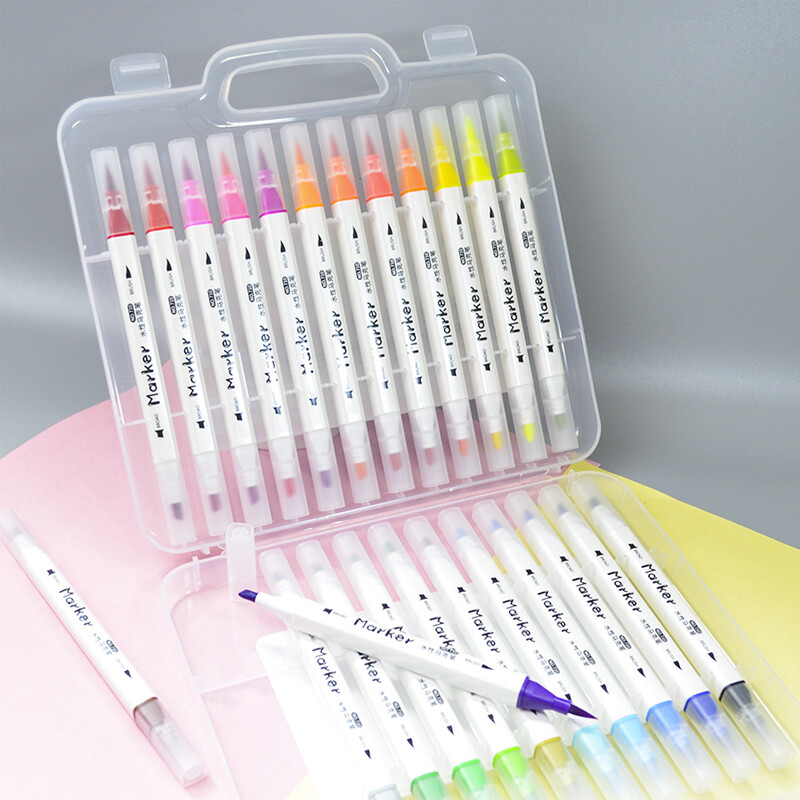 24PCS цветни маркери на водна основа Миещ се комплект Ученическа двойна глава Мека цветна глава Художествени принадлежности Акварелна писалка