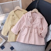 Trench pentru fete sezonul de toamnă haină de vânt pentru copii, îmbrăcăminte nouă coreeană, ocazional, strâns, buzunar, guler răsturnat