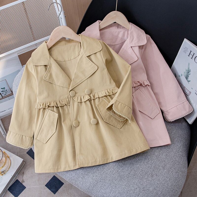 Trench pentru fete sezonul de toamnă haină de vânt pentru copii, îmbrăcăminte nouă coreeană, ocazional, strâns, buzunar, guler răsturnat