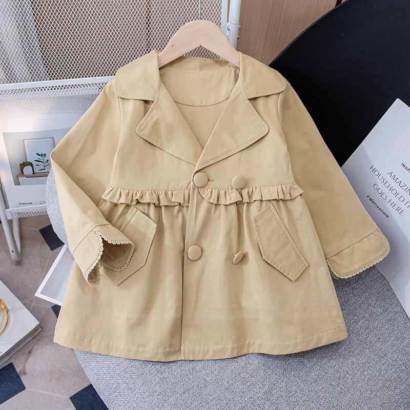Trench pentru fete sezonul de toamnă haină de vânt pentru copii, îmbrăcăminte nouă coreeană, ocazional, strâns, buzunar, guler răsturnat