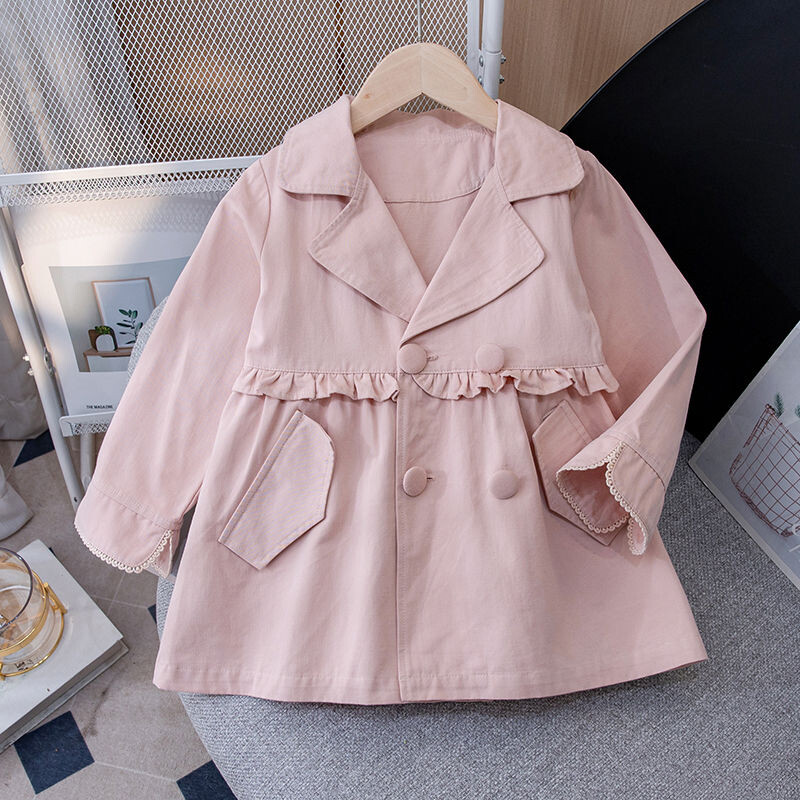 Trench pentru fete sezonul de toamnă haină de vânt pentru copii, îmbrăcăminte nouă coreeană, ocazional, strâns, buzunar, guler răsturnat