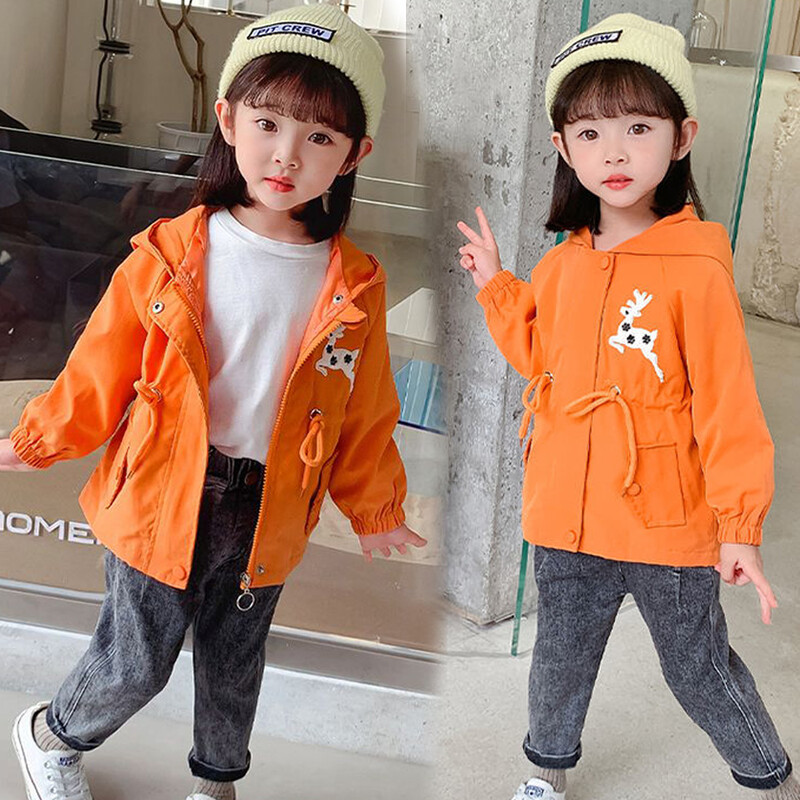Little Deer Decal Tüdrukute mantel pikkade varrukatega, nööriga kapuutsiga tuulepluus, laste kerge Trench-mantel Laste jope ülerõivad