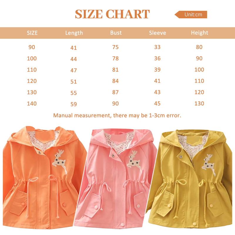 Little Deer Decal Tüdrukute mantel pikkade varrukatega, nööriga kapuutsiga tuulepluus, laste kerge Trench-mantel Laste jope ülerõivad