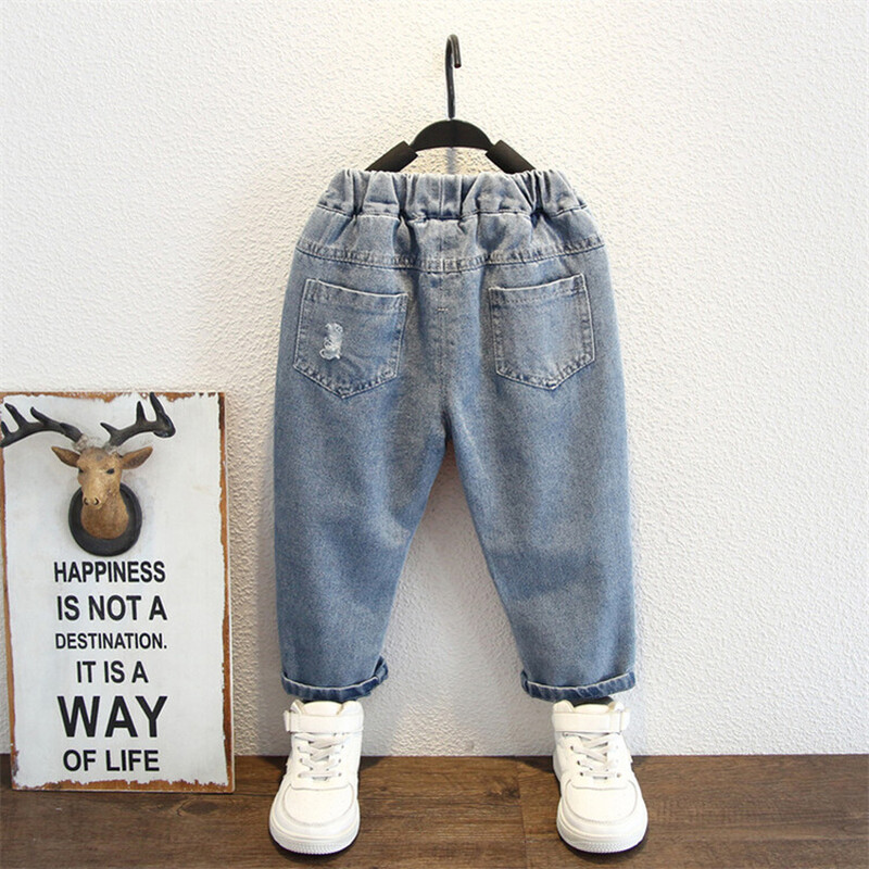 Băieți de primăvară și toamnă 2024, la modă, casual, respirabil, elastic, cu imprimeu alb, blugi și pantaloni