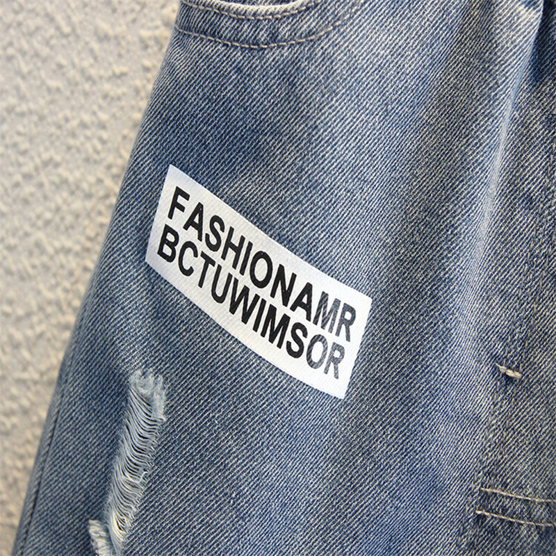 Băieți de primăvară și toamnă 2024, la modă, casual, respirabil, elastic, cu imprimeu alb, blugi și pantaloni