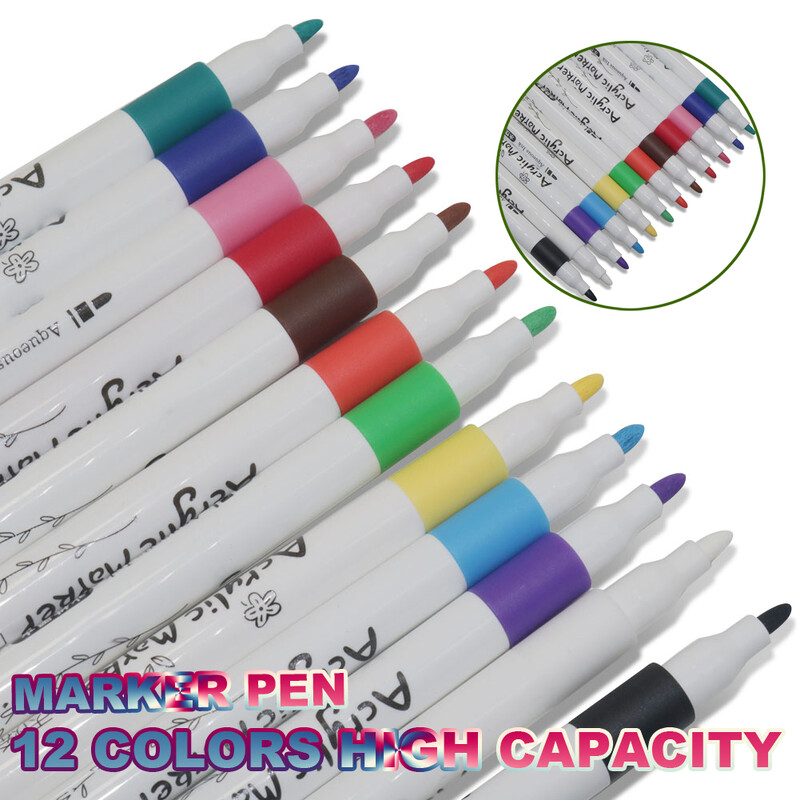 12 tk Laste veebaasil akrüül markerpliiats Pehme otsaga värviline pliiats kunstimaalimiseks Veekindel Graffiti Pliiatsi komplekt Markerpliiats