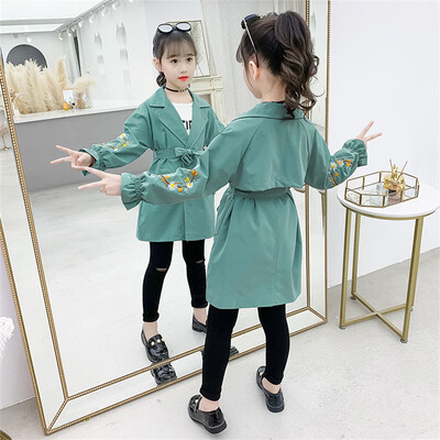 Tüdrukute tuulepluus 2022. aasta sügisene ülikoolistiilis õhuke pikk mantel, vöö, tikandiga rev 6–12-aastastele lastele