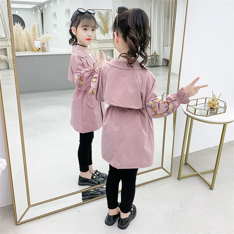 Tüdrukute tuulepluus 2022. aasta sügisene ülikoolistiilis õhuke pikk mantel, vöö, tikandiga rev 6–12-aastastele lastele