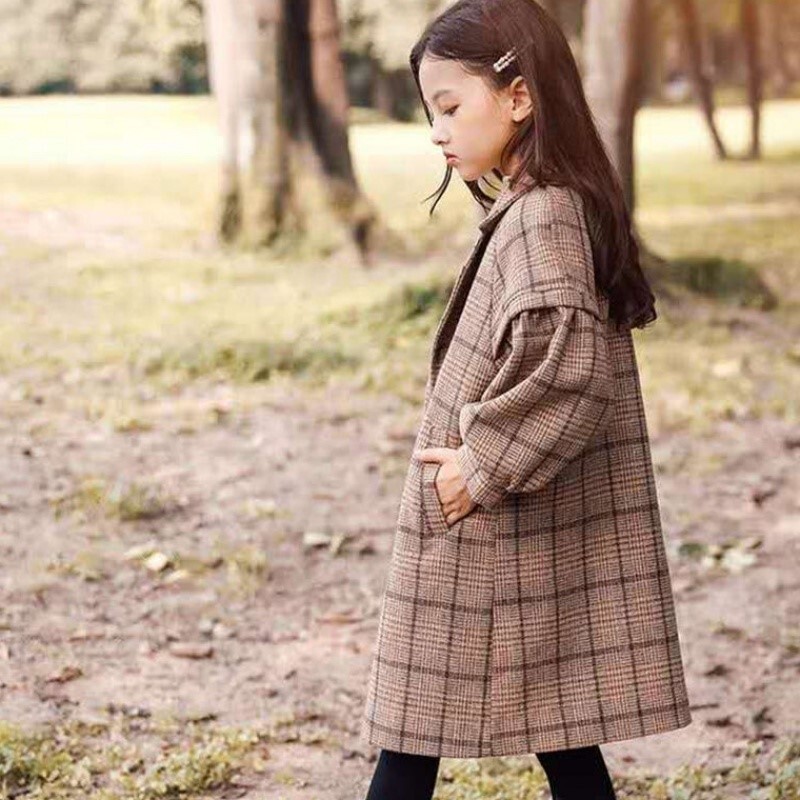 Kvaliteetne uus kevad-talv teismelistele tüdrukutele soe paks villane pikk mantel Khaki ruuduline jakid Laste ülerõivad Parka