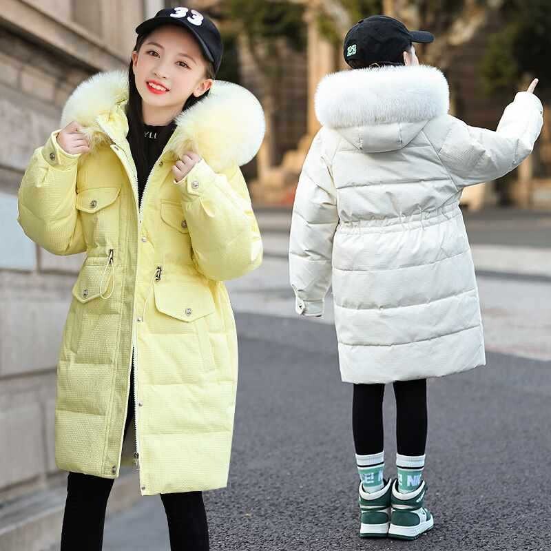 Talvine soe sulejope Tüdrukute riided laste väikelapse tüdrukute riided Parka Kapuutsiga Laste Ülerõivad lumeülikond kunstkarusnahast mantel 5-14 a