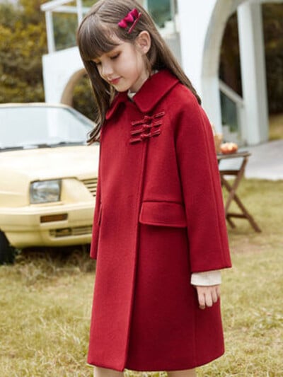 Villane jope tüdrukule Punane talv Korea teismeliste tüdrukute villased mantlid Keskmise pikkusega uusaasta riided Lasteriided 10 12 a sügis