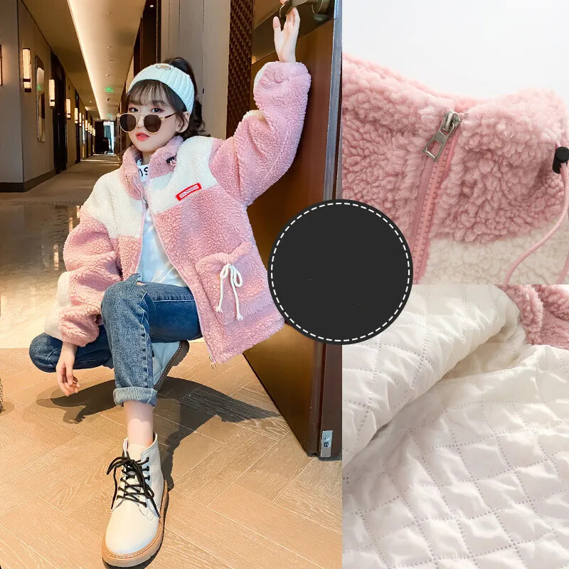 Îmbrăcăminte de exterior pentru copii de toamnă iarnă Jachetă nouă pentru fete Haine de miel îngroșată Design de modă Pânză de lână Palton cald pentru copii