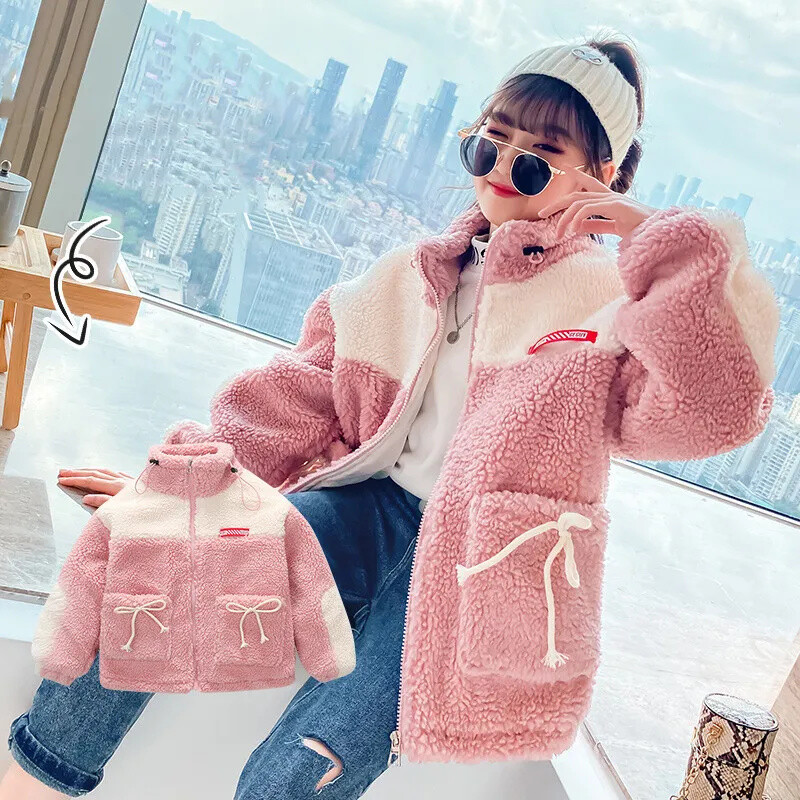 Îmbrăcăminte de exterior pentru copii de toamnă iarnă Jachetă nouă pentru fete Haine de miel îngroșată Design de modă Pânză de lână Palton cald pentru copii