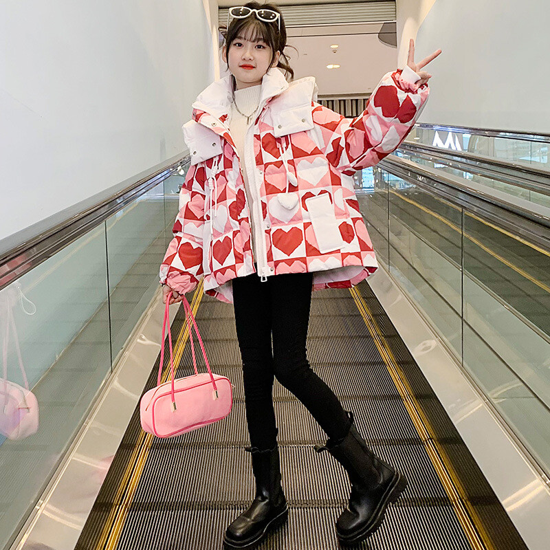 Noi Adolescenți Iarnă Fete Jachetă cu puf Love Fashion Păstrați căldura Parka Palton cu glugă Fermoar Îmbrăcăminte exterioară pentru fete 6-14 ani Haine pentru copii