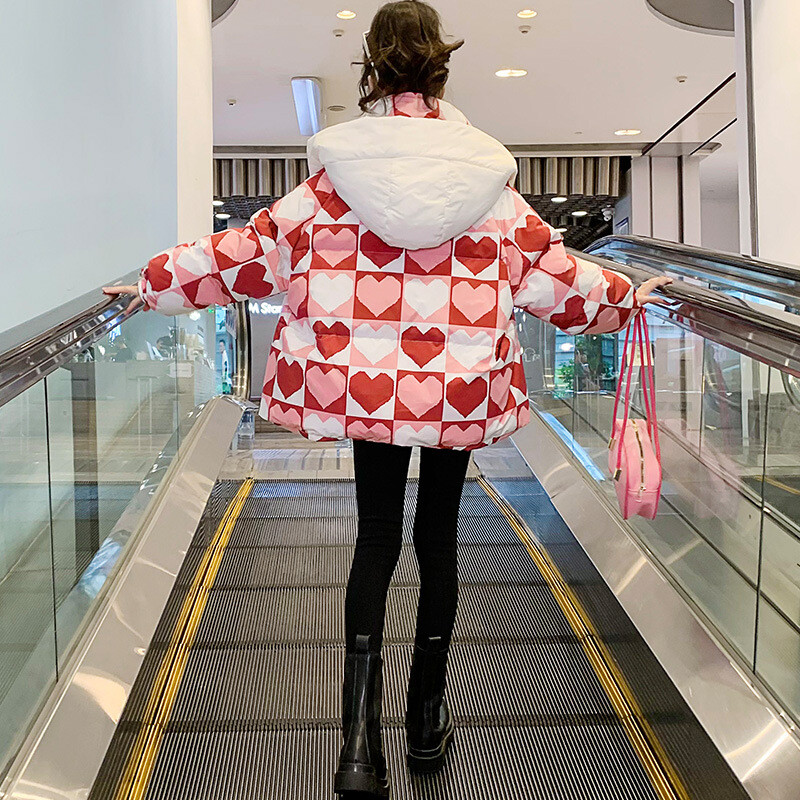 Noi Adolescenți Iarnă Fete Jachetă cu puf Love Fashion Păstrați căldura Parka Palton cu glugă Fermoar Îmbrăcăminte exterioară pentru fete 6-14 ani Haine pentru copii