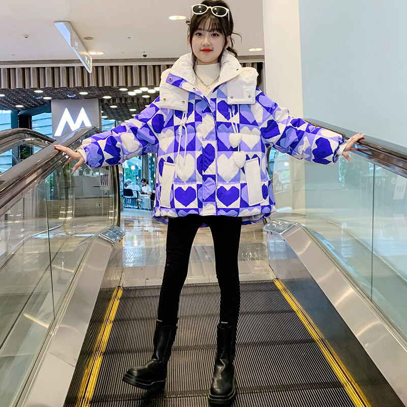 Noi Adolescenți Iarnă Fete Jachetă cu puf Love Fashion Păstrați căldura Parka Palton cu glugă Fermoar Îmbrăcăminte exterioară pentru fete 6-14 ani Haine pentru copii