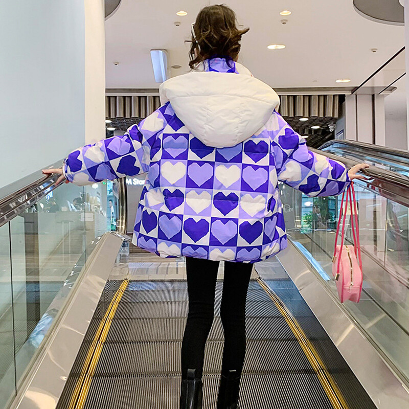 Noi Adolescenți Iarnă Fete Jachetă cu puf Love Fashion Păstrați căldura Parka Palton cu glugă Fermoar Îmbrăcăminte exterioară pentru fete 6-14 ani Haine pentru copii