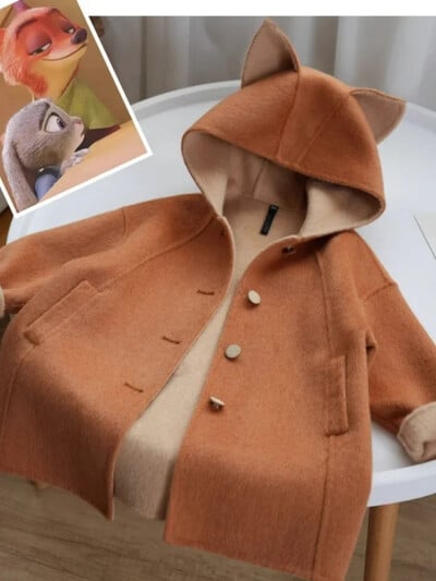 Lõuna-Korea lasteriided 2023 sügis uus laste multikas armas rebase tviid mantel poistele ja tüdrukutele paksendatud villane mantel