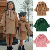 Jachetă de 2-8 ani pentru fete, la modă, din lână, 2020, iarnă, pentru fete, haine, cu mâneci lungi, cu fundă mare, de lungime medie, din lână.