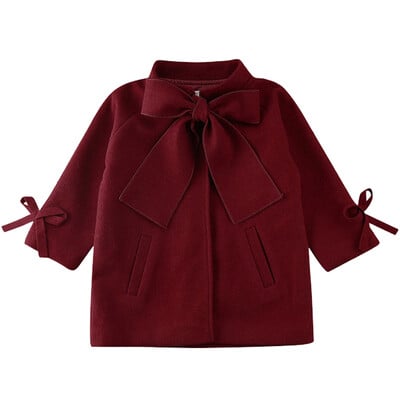 Jachetă de 2-8 ani pentru fete, la modă, din lână, 2020, iarnă, pentru fete, haine, cu mâneci lungi, cu fundă mare, de lungime medie, din lână.