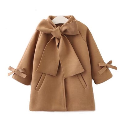 Jachetă de 2-8 ani pentru fete, la modă, din lână, 2020, iarnă, pentru fete, haine, cu mâneci lungi, cu fundă mare, de lungime medie, din lână.