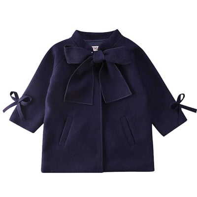 Jachetă de 2-8 ani pentru fete, la modă, din lână, 2020, iarnă, pentru fete, haine, cu mâneci lungi, cu fundă mare, de lungime medie, din lână.