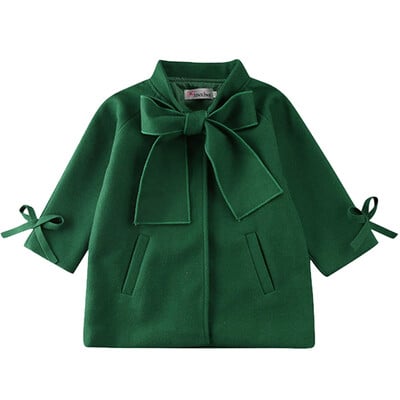 Jachetă de 2-8 ani pentru fete, la modă, din lână, 2020, iarnă, pentru fete, haine, cu mâneci lungi, cu fundă mare, de lungime medie, din lână.