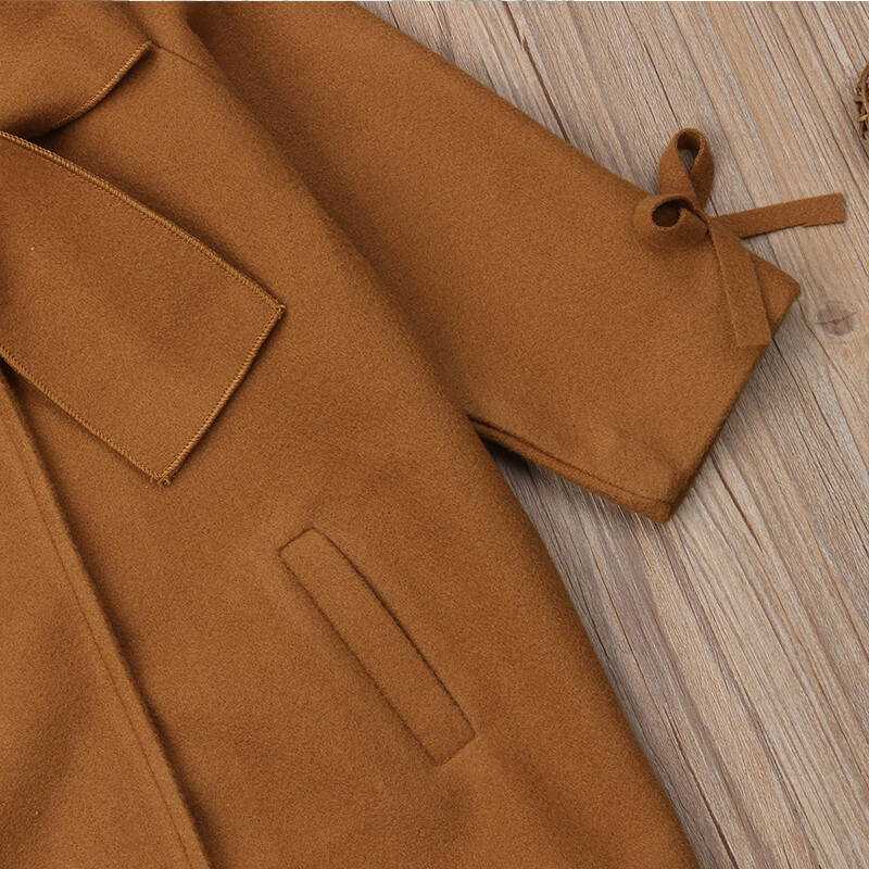 Jachetă de 2-8 ani pentru fete, la modă, din lână, 2020, iarnă, pentru fete, haine, cu mâneci lungi, cu fundă mare, de lungime medie, din lână.