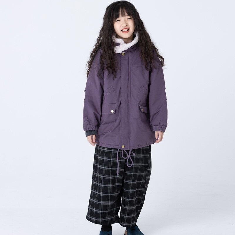 Fete Copii noi Copii căptușite din bumbac Tendință de paltoane medii și lungi Haina căptușită din bumbac coreeană Parka cu buzunar cald și solid