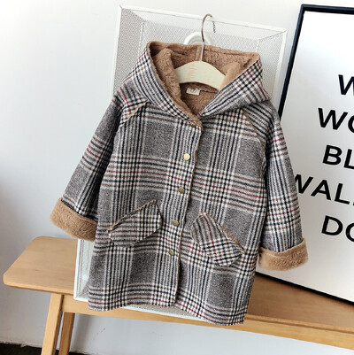 Μάλλινο παλτό για κορίτσια Βρεφικά ρούχα Νέο χειμωνιάτικο δίχτυ ρούχων Κόκκινο Ξένος Air Plus Βελούδινο Παλτό Παχύ Καρό Μακρυμάνικο Ζεστό Παλτό