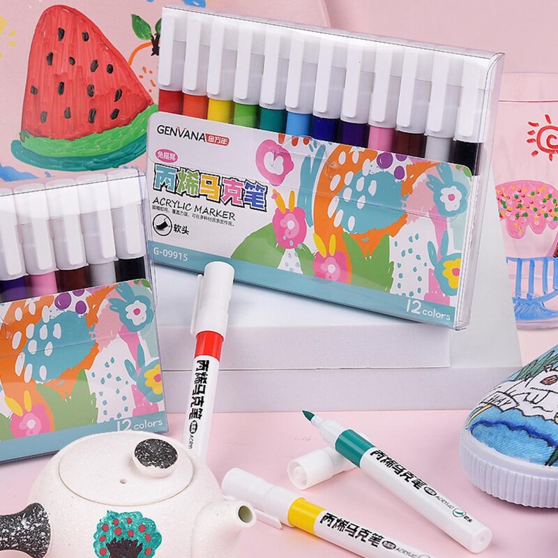 12 värvi/komplekti akrüülmarkeri värvimiskomplekt pestav veebaasil värvimarker Pehme peaga erinevate värvide marker õpilastele