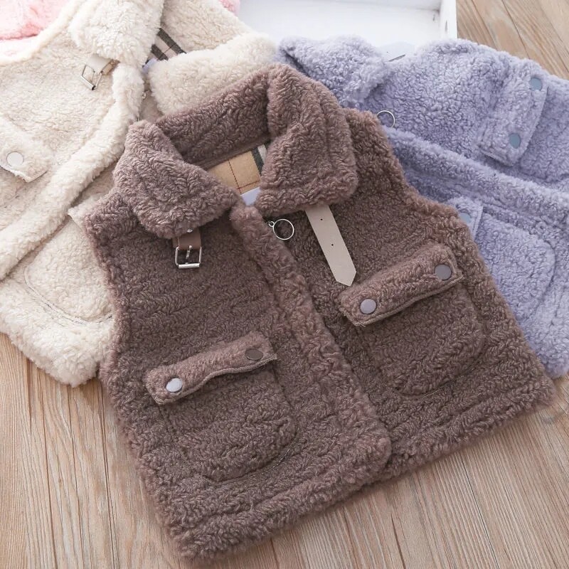 Vestă cu rever din catifea de miel de culoare solidă pentru copii, pentru fete, toamnă, iarnă, versiunea coreeană, vestă simplă largi, pentru fetiță, îmbrăcăminte exterioară, vestă caldă