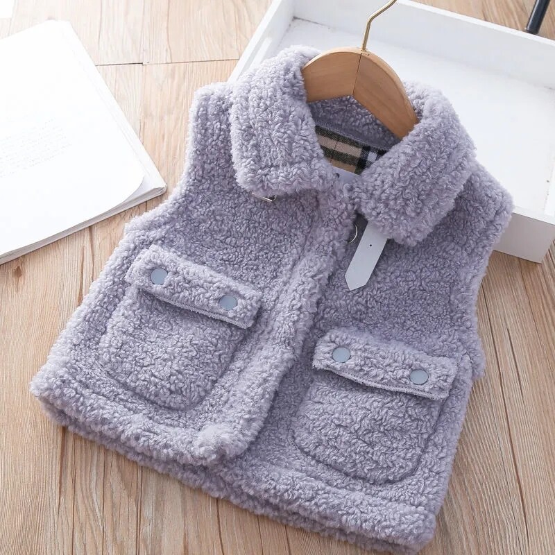 Vestă cu rever din catifea de miel de culoare solidă pentru copii, pentru fete, toamnă, iarnă, versiunea coreeană, vestă simplă largi, pentru fetiță, îmbrăcăminte exterioară, vestă caldă