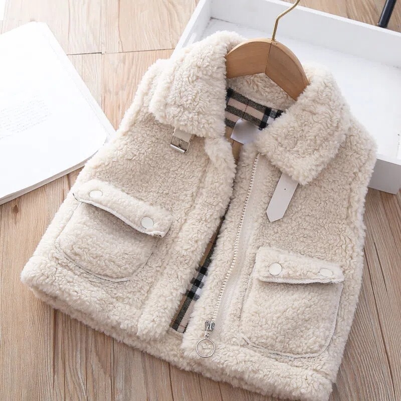 Vestă cu rever din catifea de miel de culoare solidă pentru copii, pentru fete, toamnă, iarnă, versiunea coreeană, vestă simplă largi, pentru fetiță, îmbrăcăminte exterioară, vestă caldă