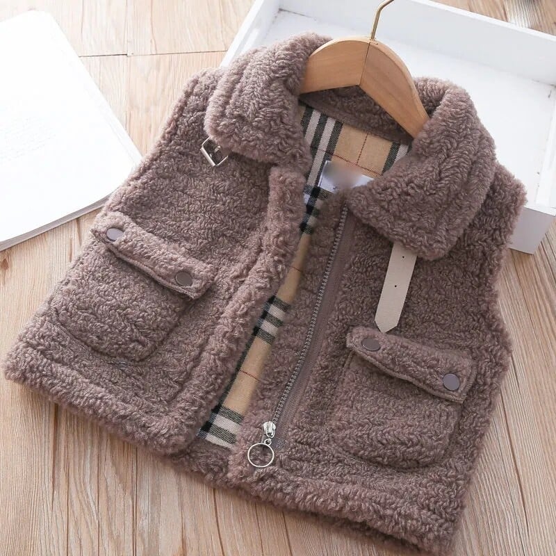 Vestă cu rever din catifea de miel de culoare solidă pentru copii, pentru fete, toamnă, iarnă, versiunea coreeană, vestă simplă largi, pentru fetiță, îmbrăcăminte exterioară, vestă caldă