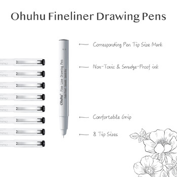 Στυλό σχεδίασης Ohuhu Micro Pen Fineliner 8 Pack Στυλό γραμμής Art Χρωματιστά στυλό Μαρκαδόροι λεπτών σημείων αδιάβροχο σκίτσο γραφής Manga