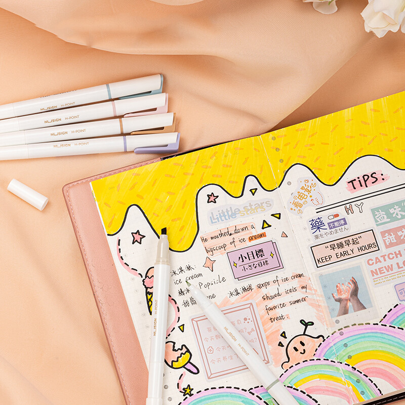 Deli Nusign 6 buc/lot Set de pixuri de markere colorate, rotulatoare cu cap dublu, stilou fluorescent, iluminator pentru desen, artă, papetărie pentru studenți