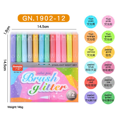 Guangna Brush Glitter Highlighter Pen 12 buc Fine Flash Markers drăguți Producător de pictură pentru articole de papetărie de birou Instrumente de scris