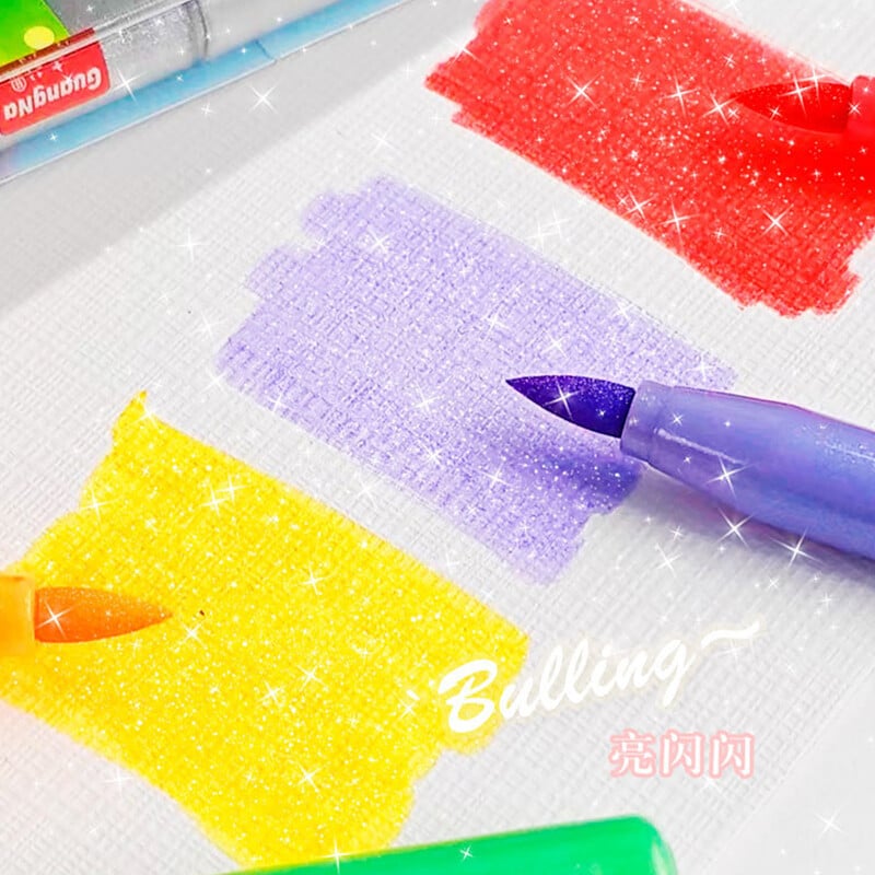 Guangna Brush Glitter Highlighter Pen 12 buc Fine Flash Markers drăguți Producător de pictură pentru articole de papetărie de birou Instrumente de scris