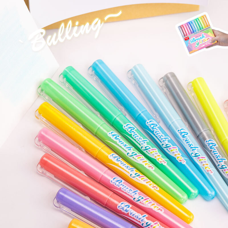 Guangna Brush Glitter Highlighter Pen 12 buc Fine Flash Markers drăguți Producător de pictură pentru articole de papetărie de birou Instrumente de scris