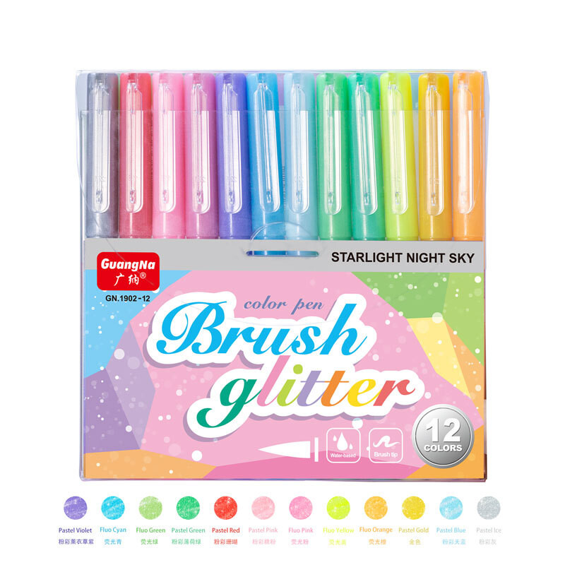 Guangna Brush Glitter Highlighter Pen 12 buc Fine Flash Markers drăguți Producător de pictură pentru articole de papetărie de birou Instrumente de scris