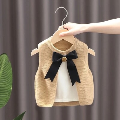 Vestă din tricot pentru fetiță cu fundă Pulover fără mâneci pentru copii mici Veste pentru fete Vestă din tricot mozaic pentru 1-8 ani îmbrăcăminte