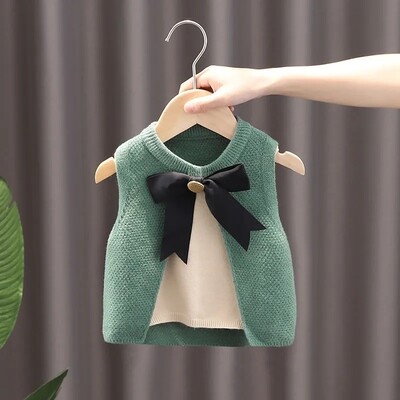 Vestă din tricot pentru fetiță cu fundă Pulover fără mâneci pentru copii mici Veste pentru fete Vestă din tricot mozaic pentru 1-8 ani îmbrăcăminte