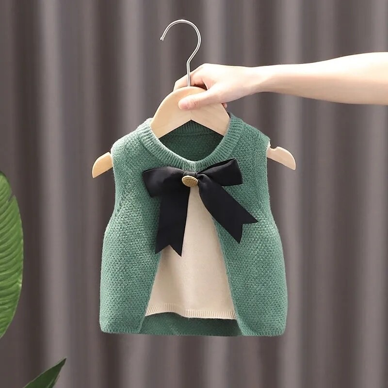 Vestă din tricot pentru fetiță cu fundă Pulover fără mâneci pentru copii mici Veste pentru fete Vestă din tricot mozaic pentru 1-8 ani îmbrăcăminte