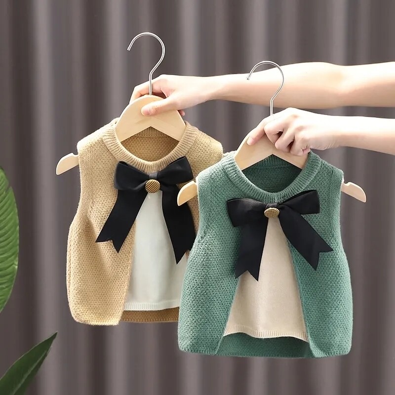 Vestă din tricot pentru fetiță cu fundă Pulover fără mâneci pentru copii mici Veste pentru fete Vestă din tricot mozaic pentru 1-8 ani îmbrăcăminte