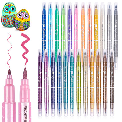 6-24 Colors Metallic Markers Pens Double Tip Brush Paint Pens for Black Paper Glass Rock Painting DIY Scrapbook Album Stationery